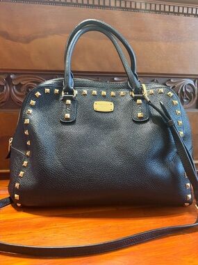 Michael Kors Sandrine Studded Satchel. In Black Saffiano Leather Gold Hardware